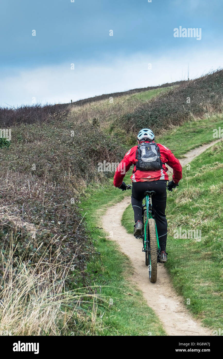Ein Mountainbiker Radeln entlang ein Fußweg an der Küste von Cornwall. Stockfoto