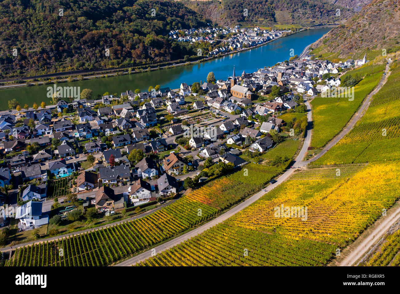 Deutschland, Rheinland-Pfalz, Kreis Mayen-Koblenz, Mosel, Stadt Alken und Weinberge Stockfoto