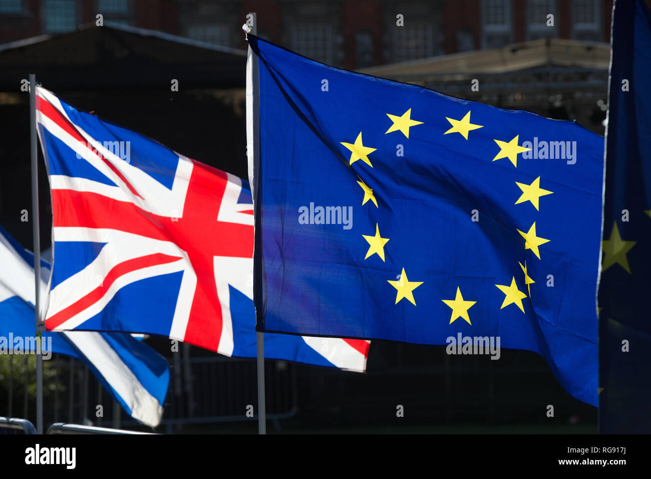 Anti-Brexit Mitkämpfer wave Union und Europäische Union Flaggen außerhalb der Häuser des Parlaments in London. Stockfoto