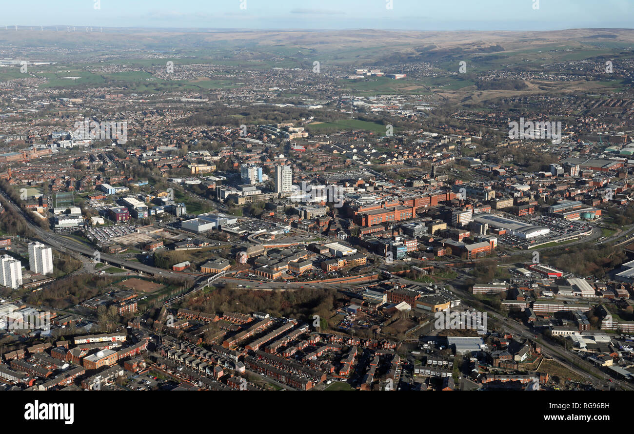 Luftaufnahme der Oldham Skyline, Greater Manchester, UK Stockfoto