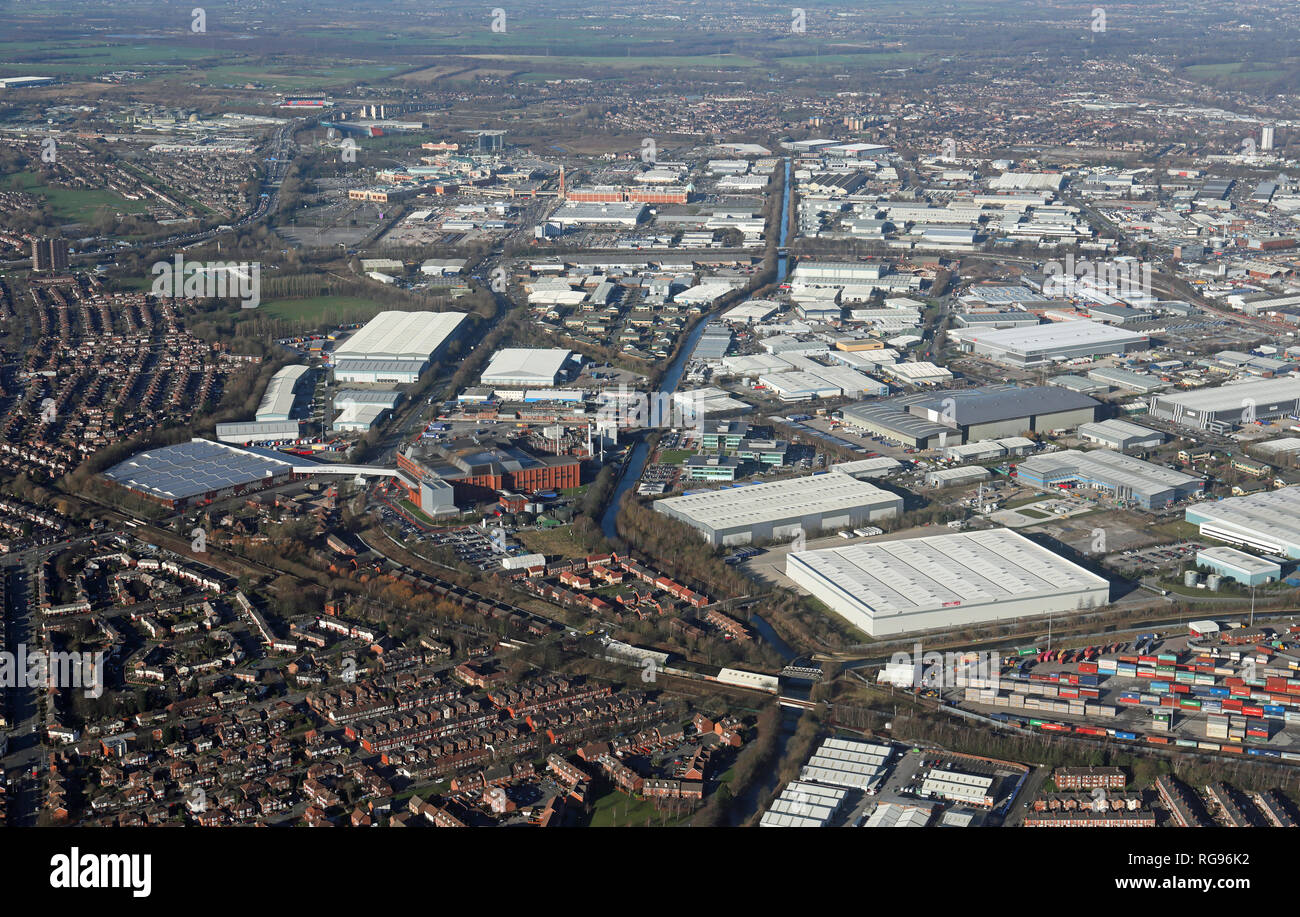 Luftaufnahme von Trafford Park Gewerbegebiete, Manchester Stockfoto