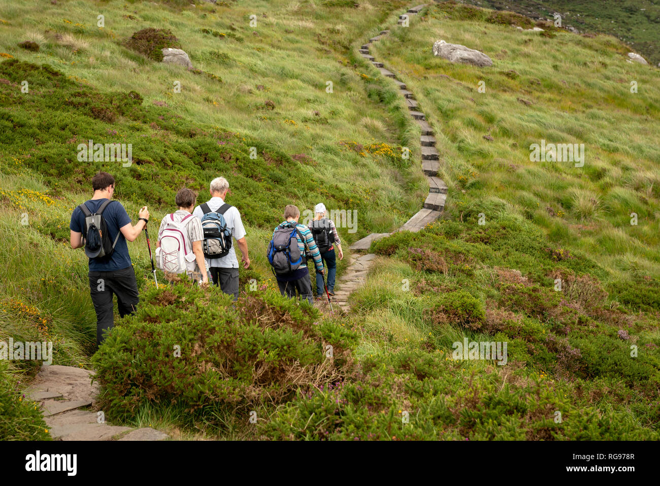 Wandern in Irland. Gruppe von Wanderer Backpackern Touristen Familie wandern auf einem Fußweg auf dem Torc Mountain Trail hinunter. Co Kerry, Irland Stockfoto