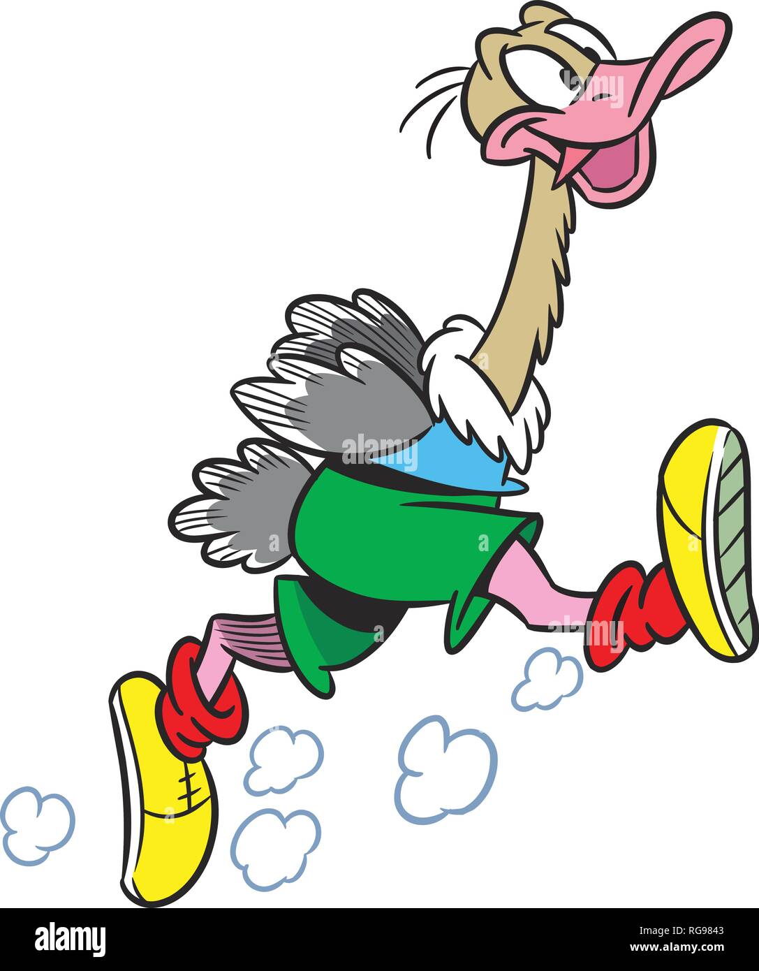Die Abbildung zeigt den Vogel Strauß, der sich Sport läuft. Abbildung im Cartoon Stil auf weißem Hintergrund. Stock Vektor