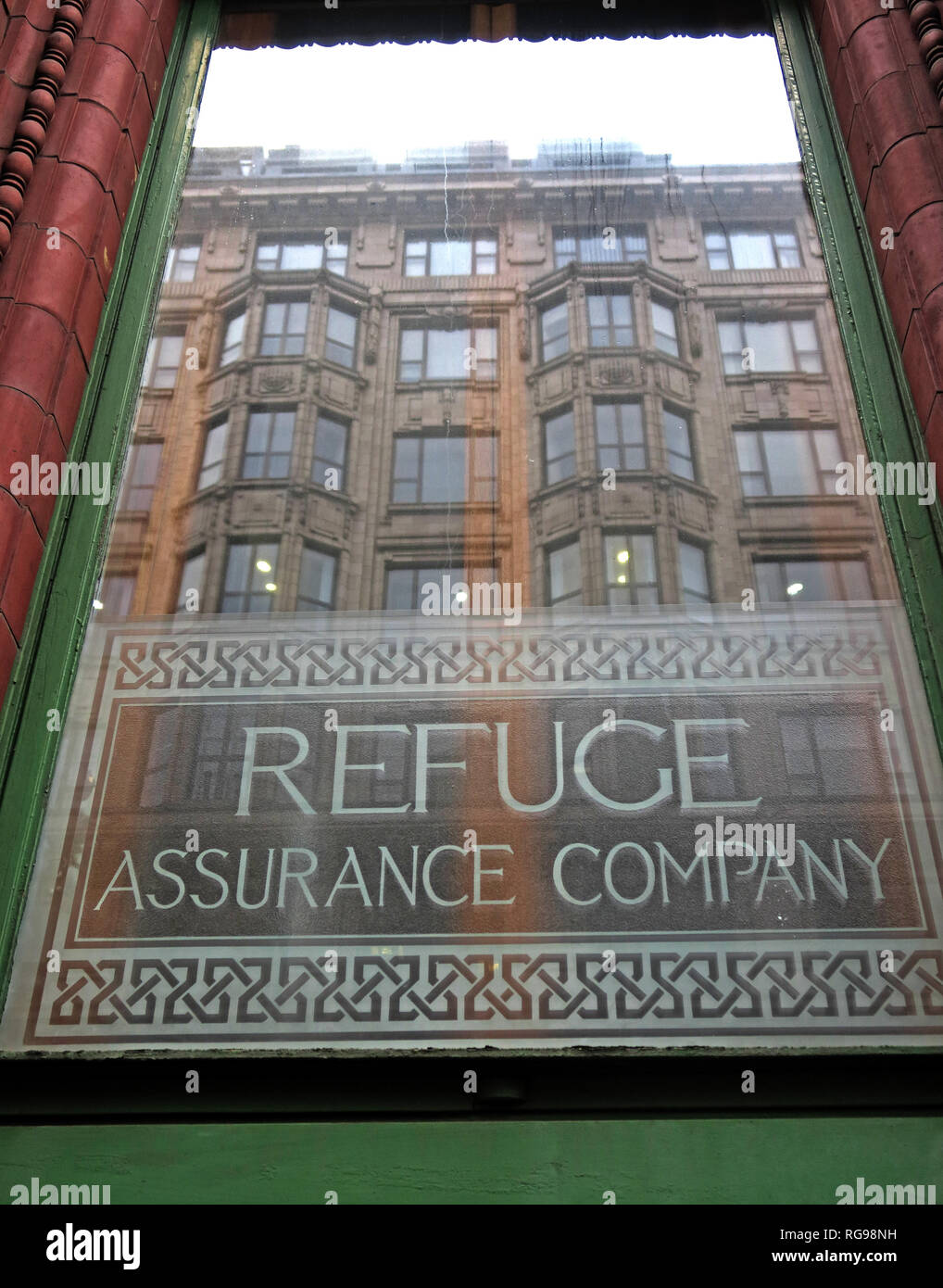Fenster Refuge Assurance Company Hauptverwaltung, Oxford Road, Manchester, North West England, VEREINIGTES KÖNIGREICH, Stockfoto