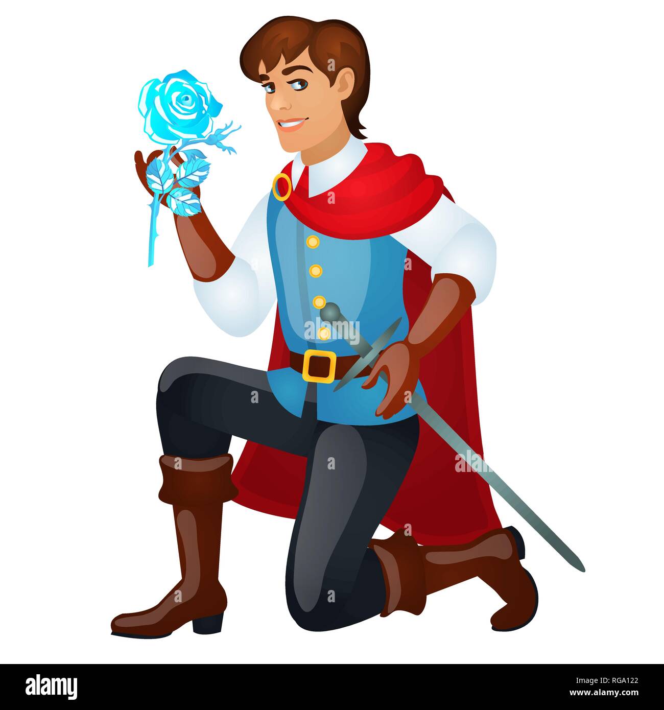 Jungen hübschen Prinzen mit einem Schwert mit einem Ice Rose auf weißem Hintergrund. Vektor cartoon Close-up Abbildung. Stock Vektor