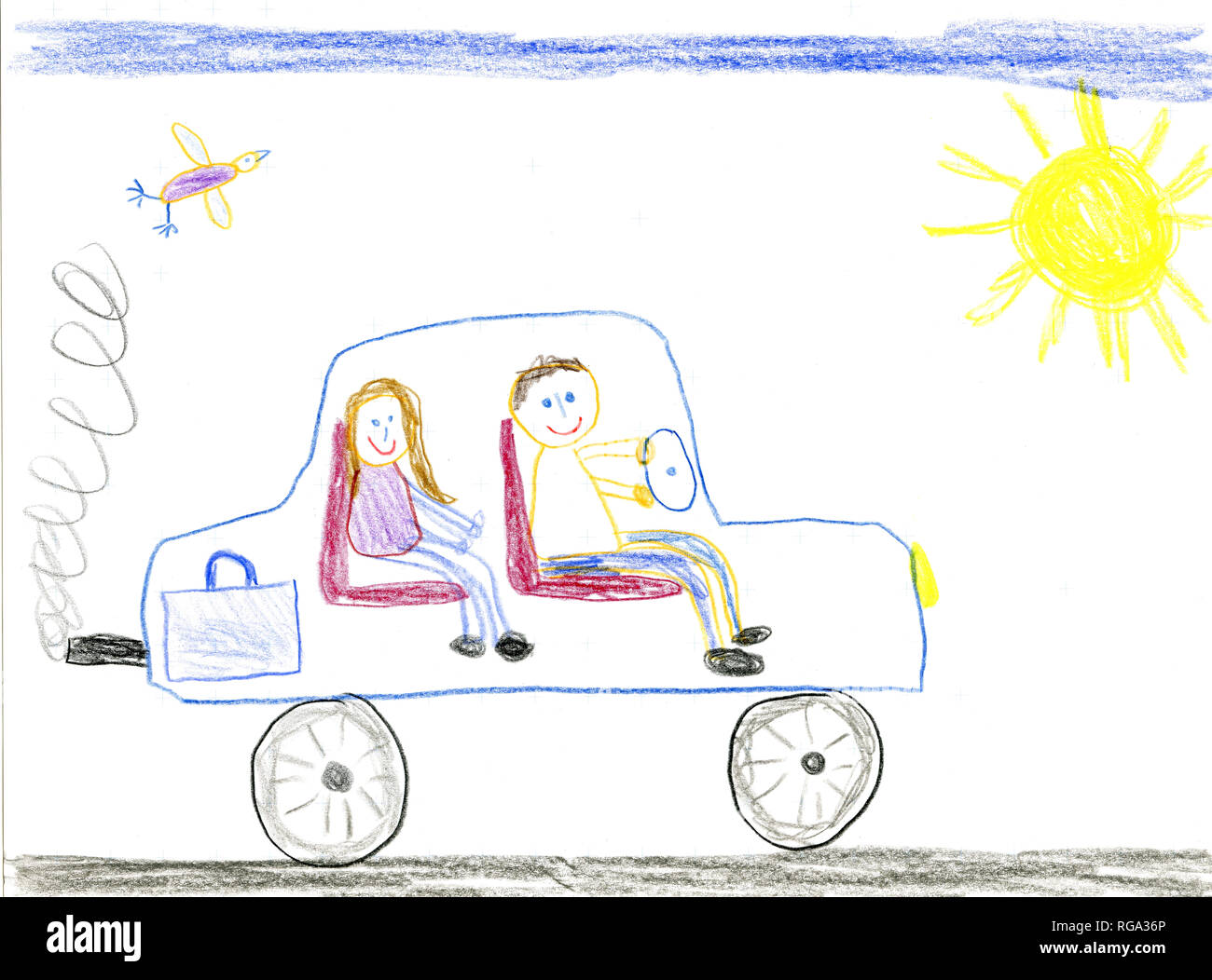 Kinder- zeichnung, Vater und Tochter im Auto. Stockfoto