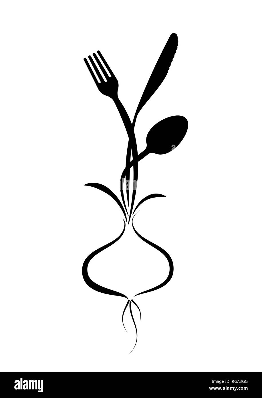 Logo für ein Cafe, Restaurant oder Menü. Stilisierte Bild einer Gabel, Messer und Löffel aus einer Glühlampe Stock Vektor