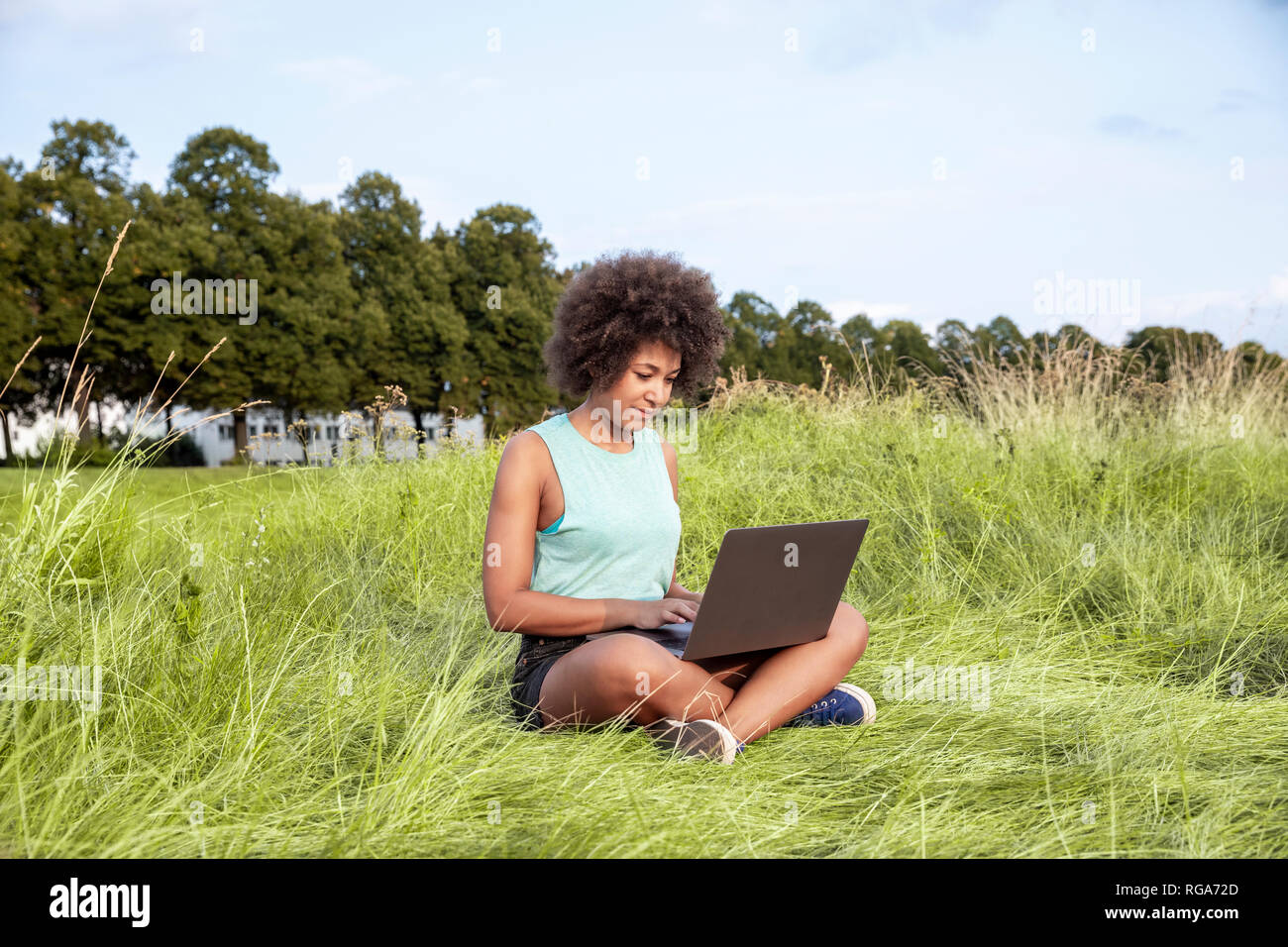 Frau sitzt auf der Wiese mit Laptop Stockfoto