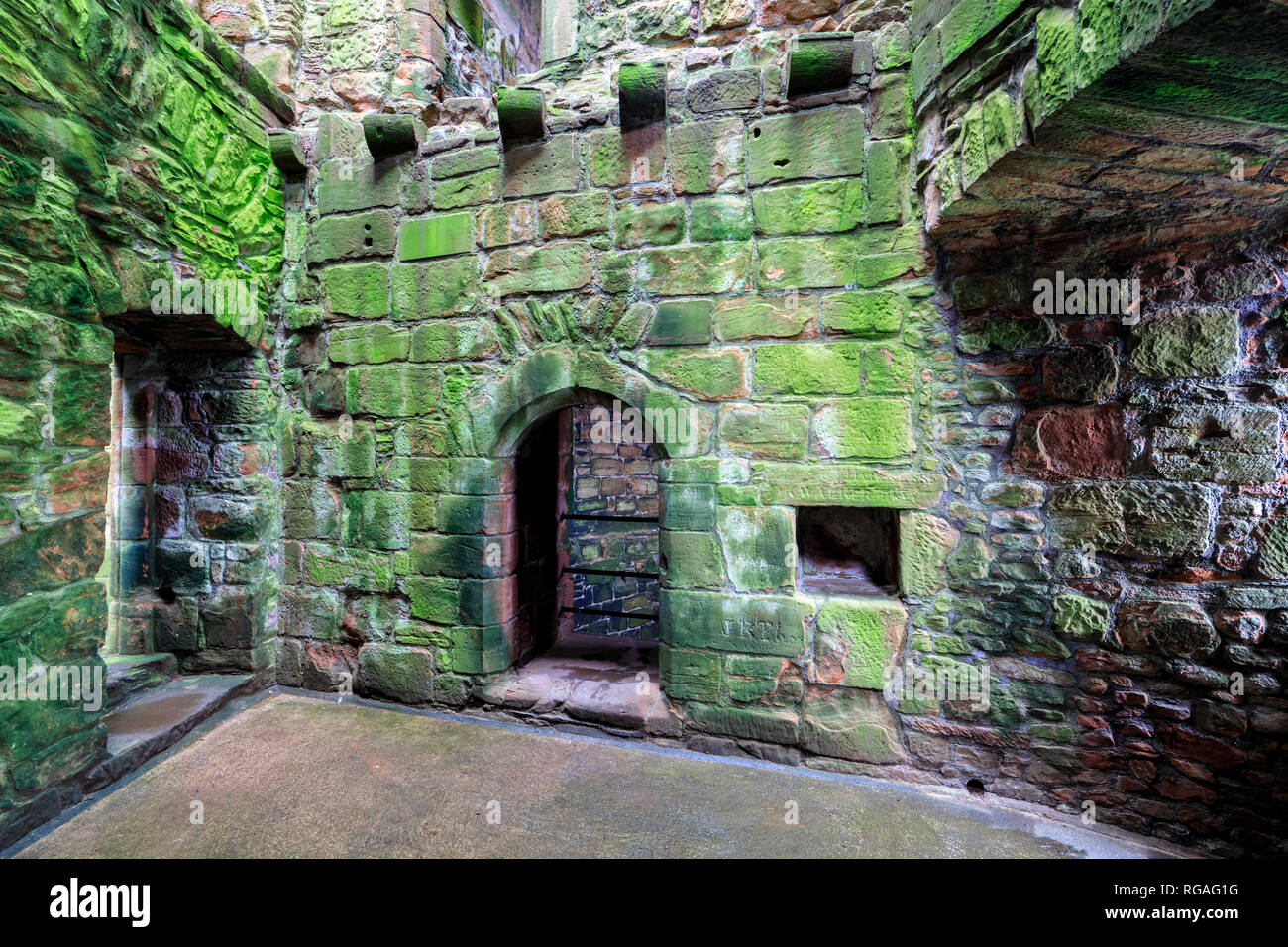 Großbritannien, Schottland, Dumfries und Galloway, Caerlaverock Castle, grüne moosigen Mauer Stockfoto