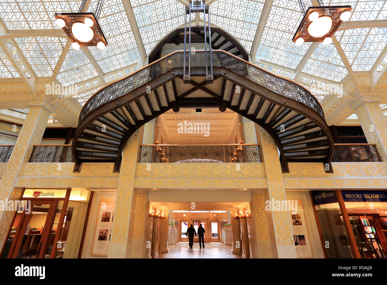 Die Lobby licht Gericht The Rookery Building auf der La Salle Street in der Schleife district, Chicago, Illinois, USA Stockfoto