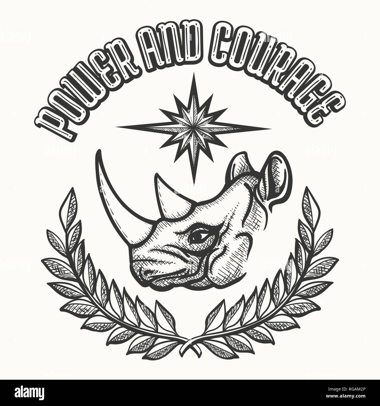 Emblem mit Rhinoceros Kopf und Lorbeerkranz in der Hand gezeichneten Stil. Vector Illustration. Stock Vektor