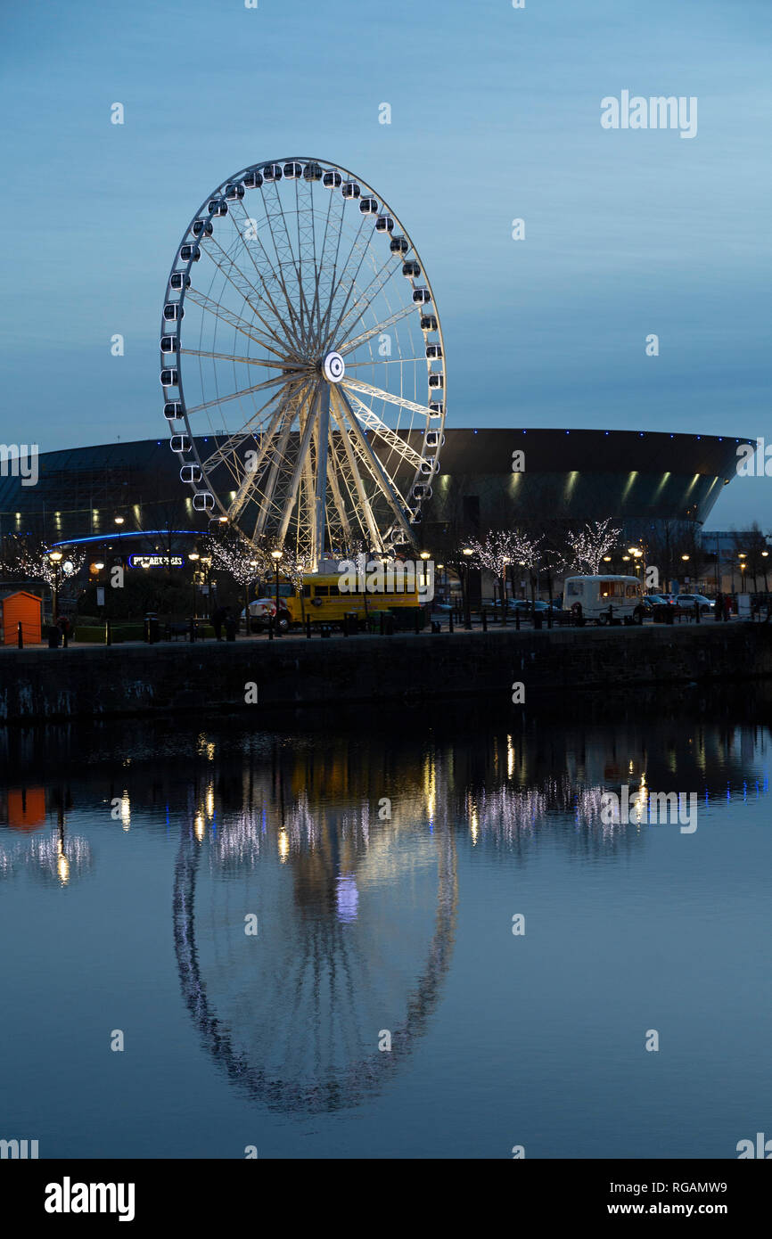 Das Rad von Liverpool bei Keel Wharf in Liverpool, England. Das Riesenrad steht neben der M&S-Bank Arena (ehemals der Echo Arena in Liverpool). Stockfoto