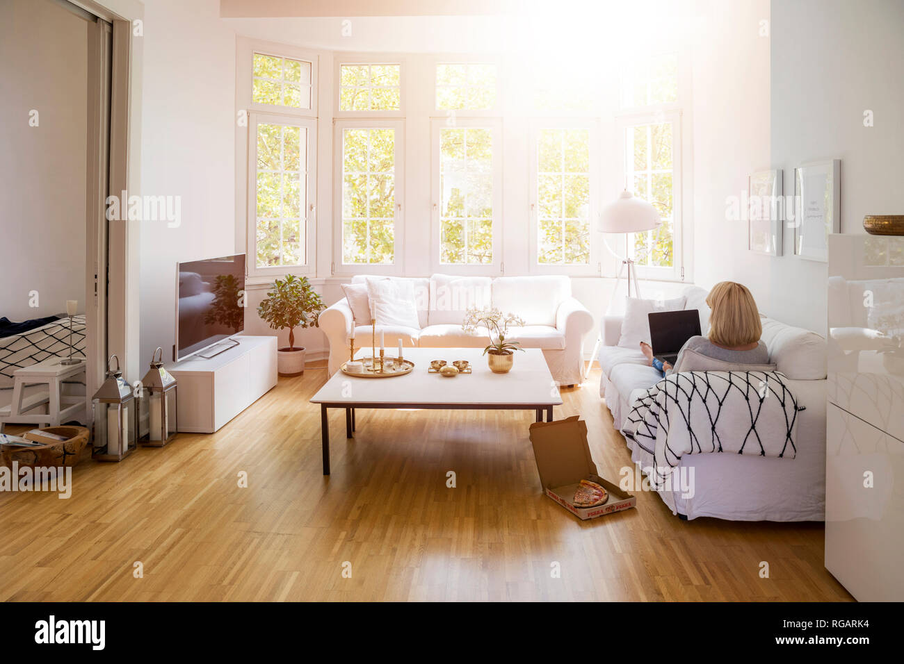Rückansicht der Blonde reife Frau sitzt auf der Couch im Wohnzimmer mit Laptop Stockfoto