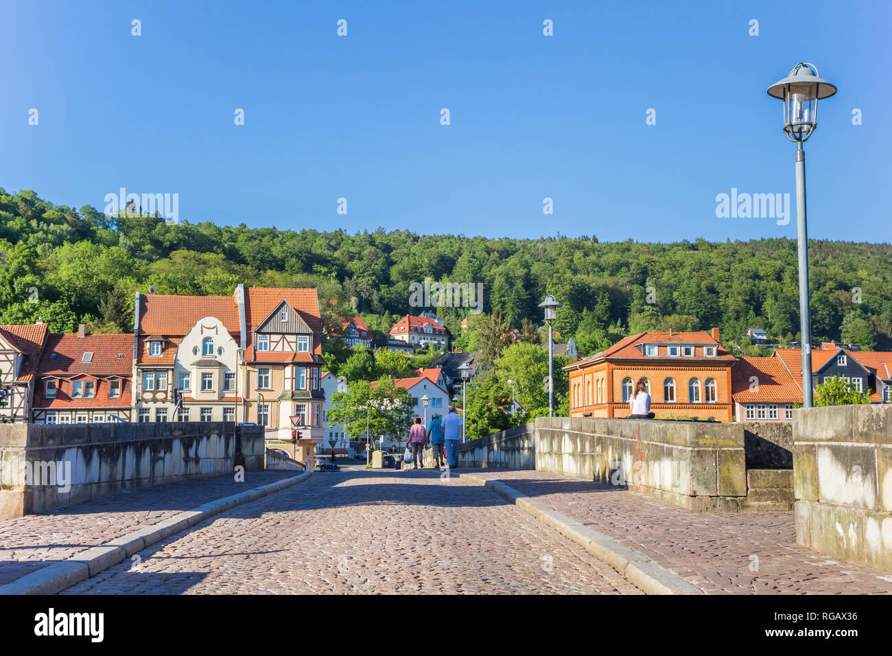 Historische Brücke in Werra Hannoversch munden, Deutschland Stockfoto