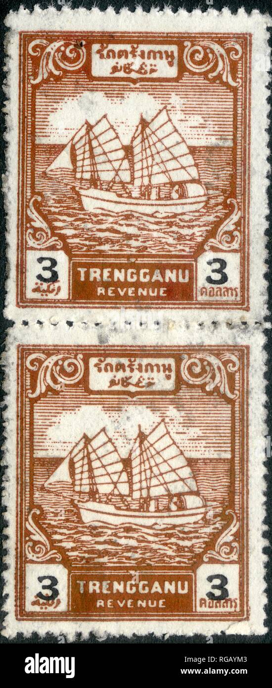 1943-1945 Siam Thailand Umsatz Geschäftsjahr Besetzung von Malaya Trengganu 3 Dollar von 2 Block. Stockfoto