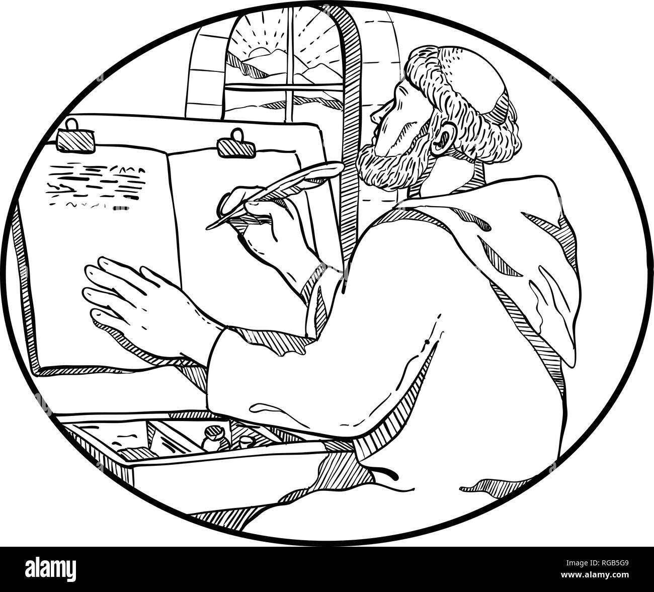 Zeichnung Skizze stil Abbildung einer monastischen mittelalterlichen Mönch schreiben Bilderhandschrift in Europäischen Kloster oder scriptorium Innen oval Set Stock Vektor