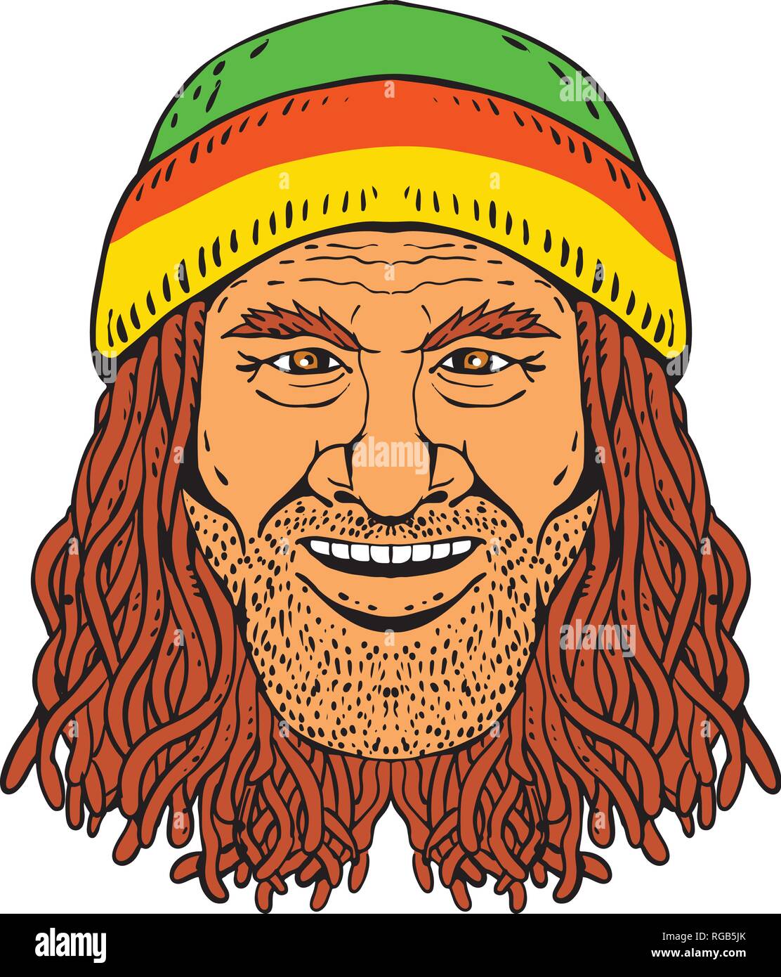 Zeichnung Skizze stil Abbildung: Leiter der Rastafari, Rastafari Rastafarianismus oder Guy üben, das Tragen einer Mütze und Dreadlocks auf weißem Hinterg Stock Vektor