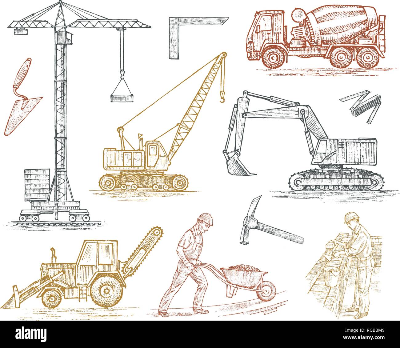 Engineering Fahrzeug. Schweres Gerät für den Bau von Gebäuden. Landwirtschaftliche Maschinen. Kran und agrimotor, Traktoren und Bagger, Beton Stock Vektor
