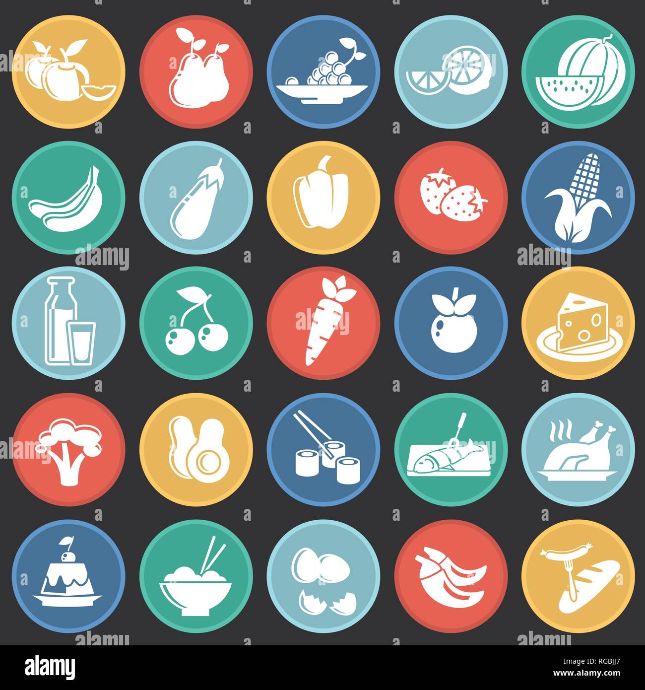 Gesunde Ernährung Symbole auf Farbe Kreise schwarzen Hintergrund für Grafik- und Webdesign, modernen einfachen Vektor unterzeichnen. Internet Konzept. Trendy Symbol für Web site Design web-Taste oder mobile App. Stock Vektor