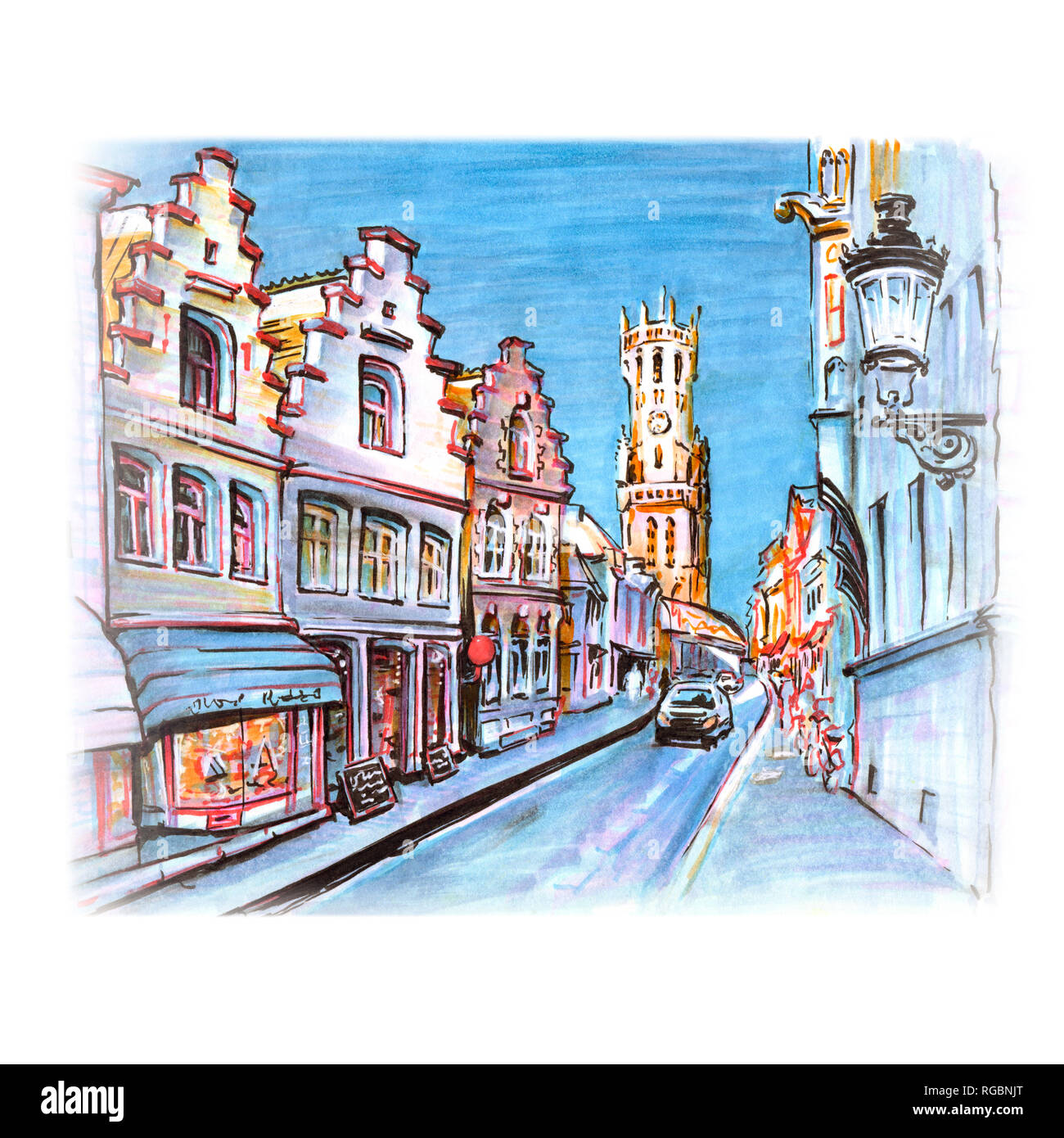 Straße und Belfort in Brügge, Belgien. Stockfoto