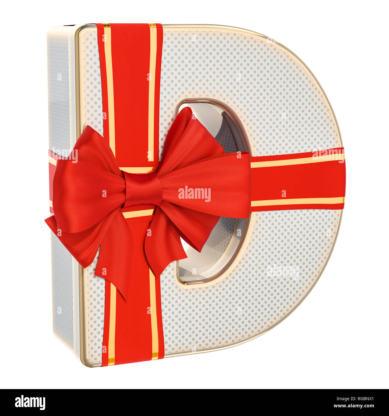 Buchstabe D, Geschenkbox, geformt aus einem Buchstaben D mit roter Schleife. 3D-Rendering auf weißem Hintergrund Stockfoto