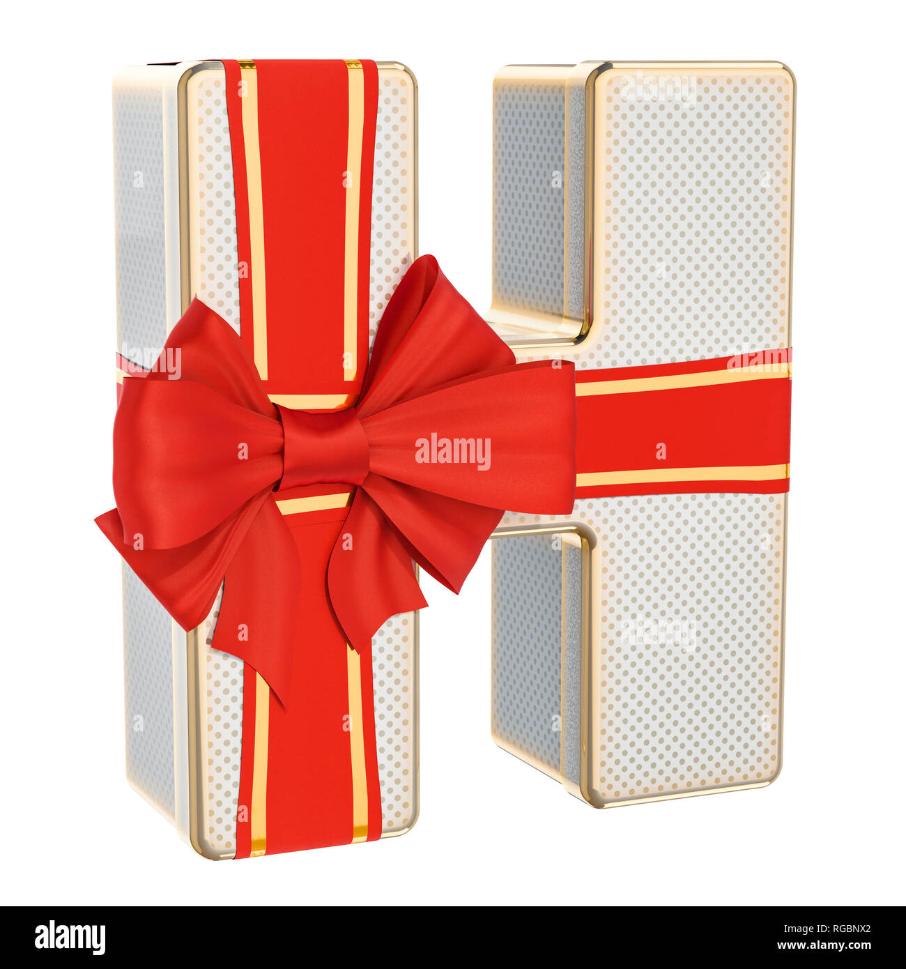 Buchstabe H, Geschenkbox, geformt aus einem Buchstaben H mit roter Schleife. 3D-Rendering auf weißem Hintergrund Stockfoto