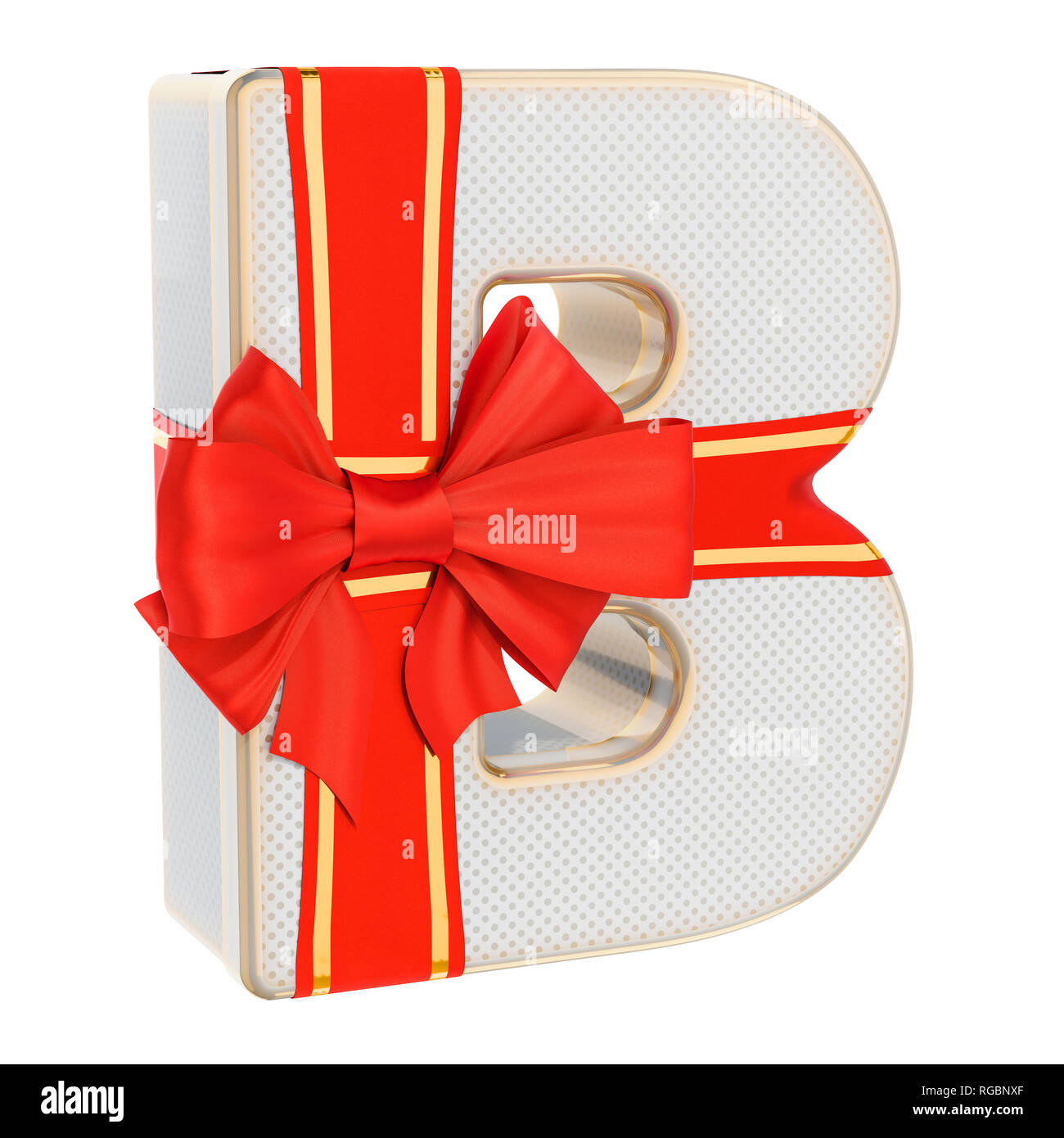 Buchstabe B, Geschenkbox, geformt aus einem Buchstaben B mit roter Schleife. 3D-Rendering auf weißem Hintergrund Stockfoto