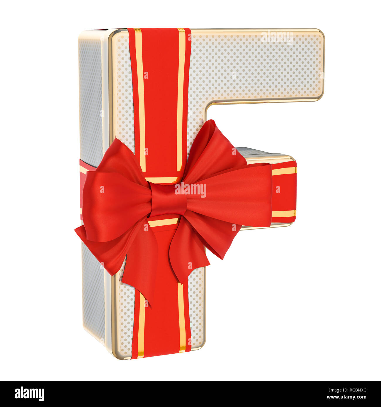 Buchstabe F, Geschenkbox, geformt aus einem Buchstaben F mit roter Schleife. 3D-Rendering auf weißem Hintergrund Stockfoto
