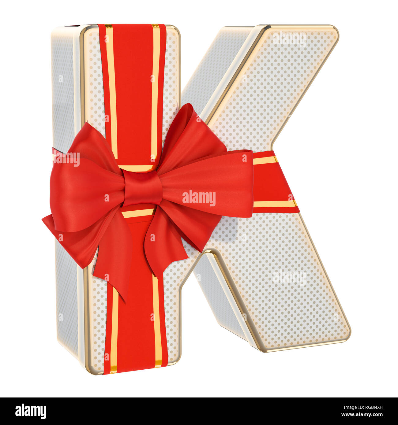 Buchstabe K, Geschenkbox, geformt aus einem Buchstaben K mit roter Schleife. 3D-Rendering auf weißem Hintergrund Stockfoto