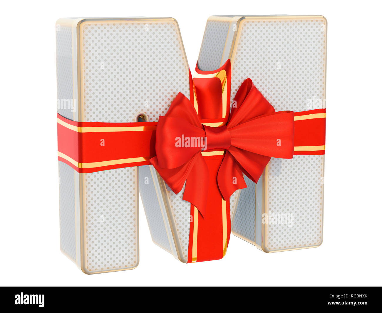 Buchstabe M, Geschenkbox, geformt aus einem Buchstaben M mit roter Schleife. 3D-Rendering auf weißem Hintergrund Stockfoto