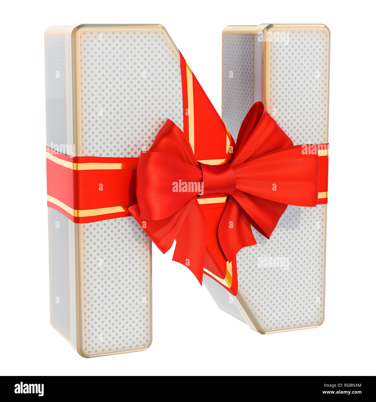 Buchstabe N, Geschenkverpackung in Form eines Schreibens N mit roter Schleife. 3D-Rendering auf weißem Hintergrund Stockfoto