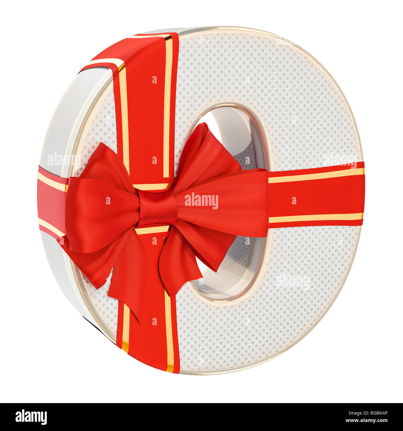 Buchstabe O, Geschenkbox, geformt aus einem Buchstaben O mit roter Schleife. 3D-Rendering auf weißem Hintergrund Stockfoto