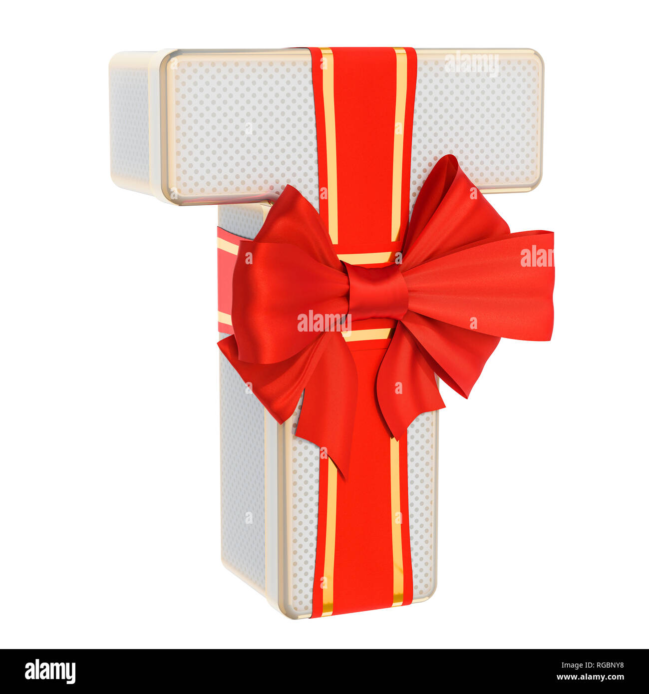 Buchstaben T, Geschenkverpackung in Form eines Schreibens T mit roter Schleife. 3D-Rendering auf weißem Hintergrund Stockfoto