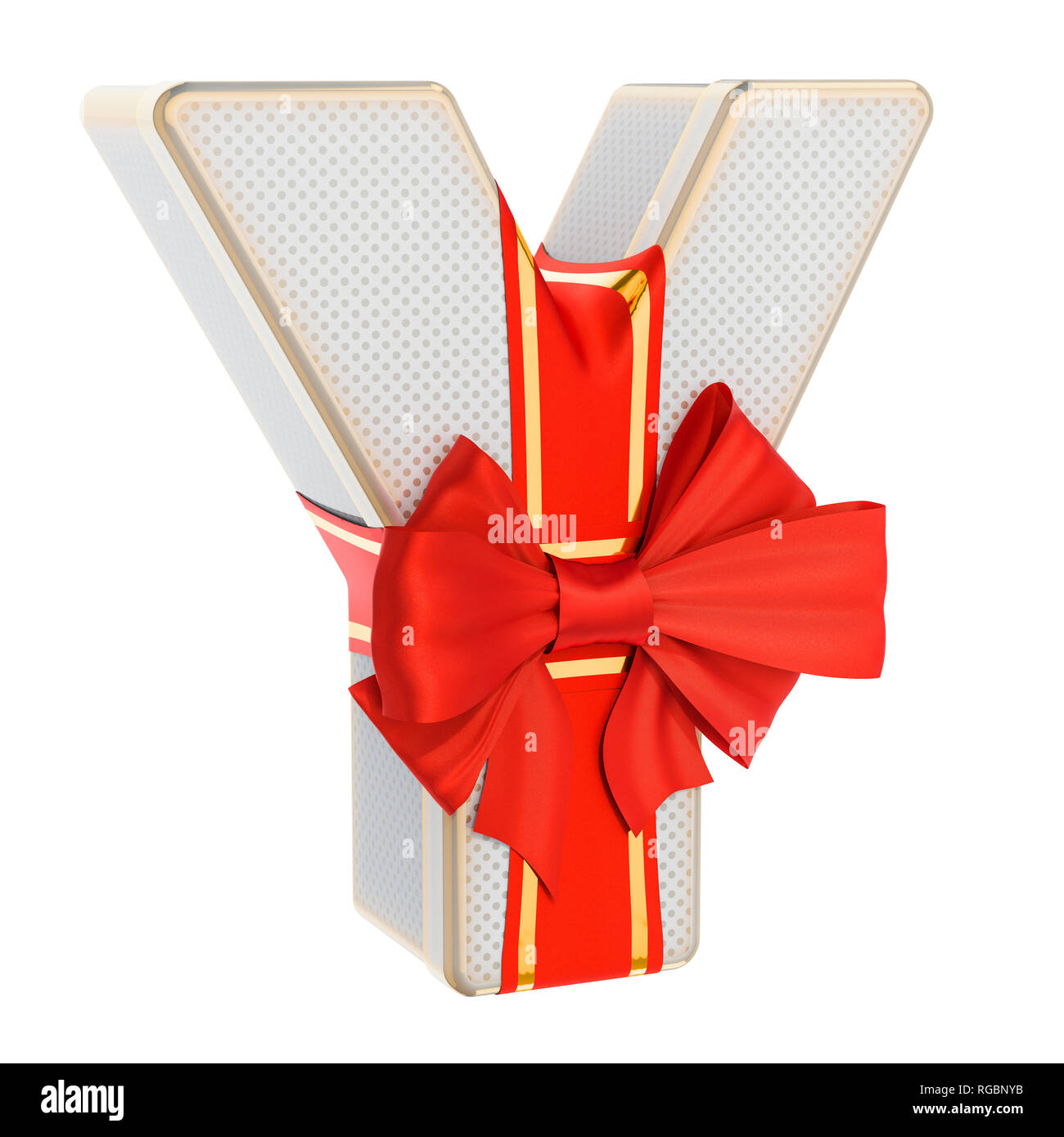 Buchstabe Y, Geschenkbox, geformt aus einem Buchstaben Y mit roter Schleife. 3D-Rendering auf weißem Hintergrund Stockfoto