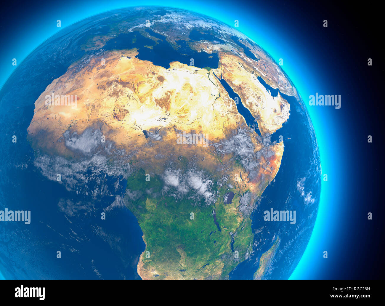 Physische Karte der Welt, Satelliten Ansicht von Nord- und Zentralafrika. Globus. Hemisphäre. Reliefs und Ozeane. 3D-Rendering. Die Nasa Stockfoto