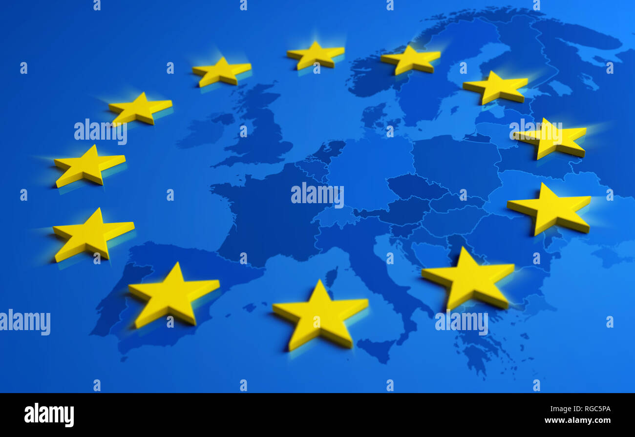 Europa Blaue Flagge Und Gelbe Sterne Mit Europaischen Union Karte In 3d Darstellung Stockfotografie Alamy