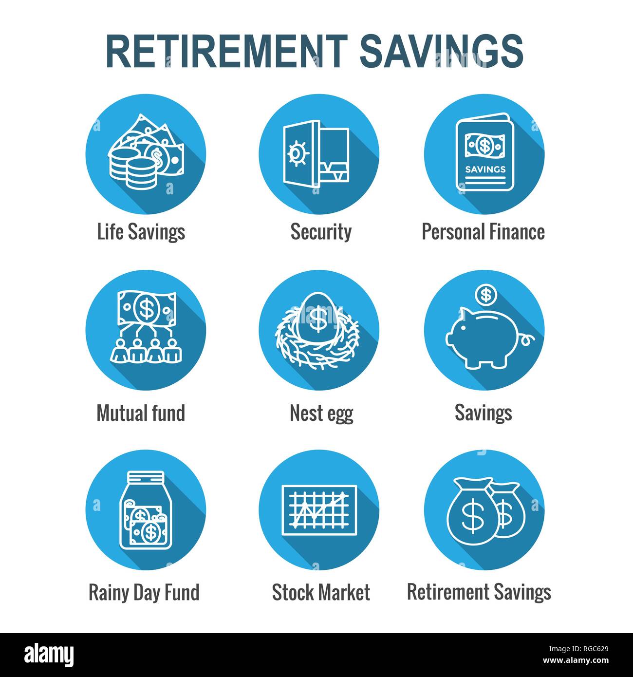 Vorsorge & Sparen Icon Set - Investmentfonds, Roth IRA, etc. Stock Vektor Vorsorge & Sparen Icon Set - Investmentfonds, Roth IRA, etc. Stock Vektor