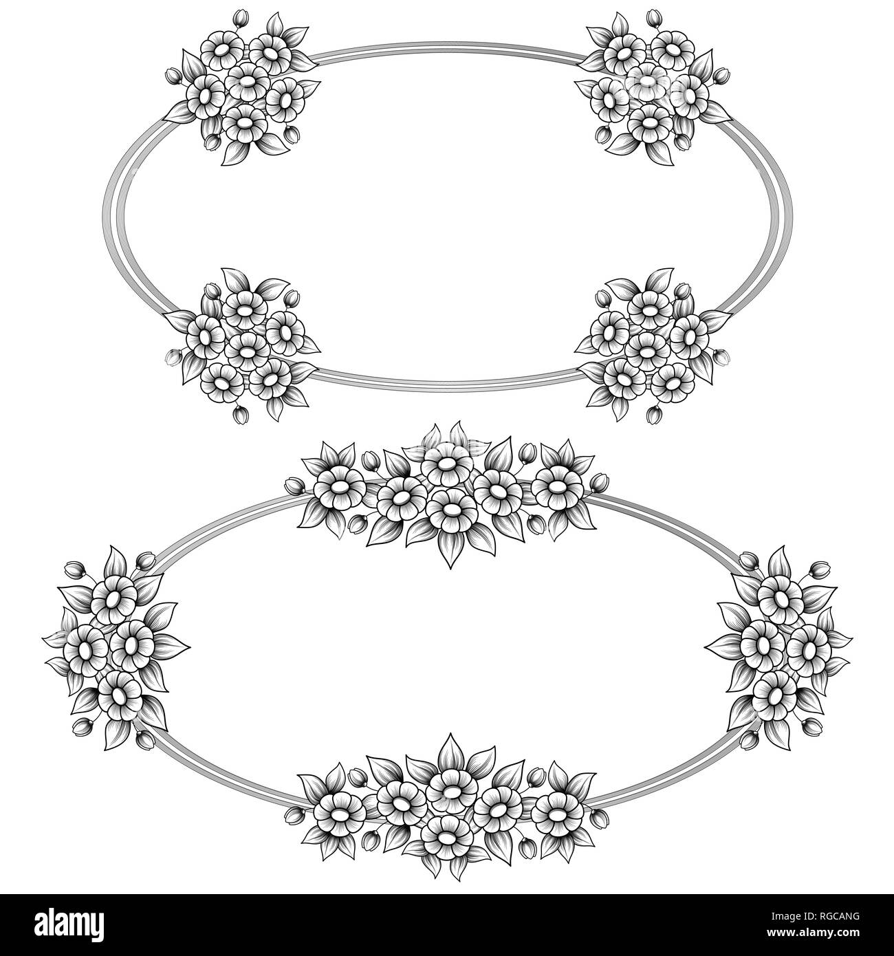 Zwei schwarz-weiße, ovale, Frames mit floralen Elementen Stock Vektor