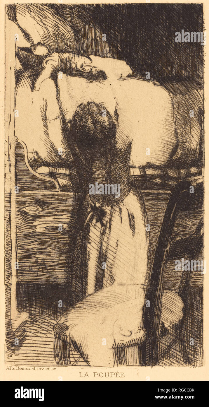 Die Puppe (la Poupée). Stand: 1888. Abmessungen: Platte: 15,5 x 8,6 cm (6 1/8 x 3 3/8 in.) Blatt: 27,8 x 18,8 cm (10 15/16 x 7 3/8 in.). Medium: Radierung und Roulette in Schwarz auf Creme webte Papier. Museum: Nationalgalerie, Washington DC. Autor: Albert Besnard. Stockfoto
