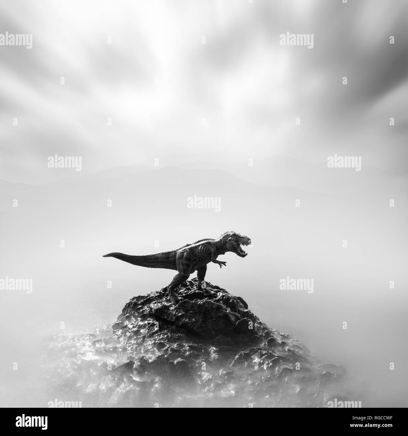 Ein Spielzeug Dinosaurier auf einem Stein, Schwarze und Weiße, lange Belichtung Stockfoto