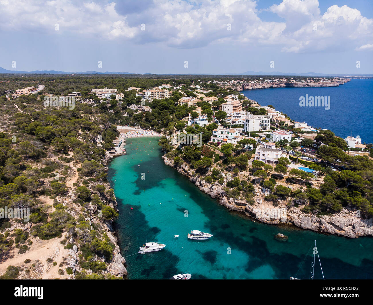 Spanien, Balearen, Mallorca, Llucmajor, Luftbild der Bucht von Cala Pi Stockfoto