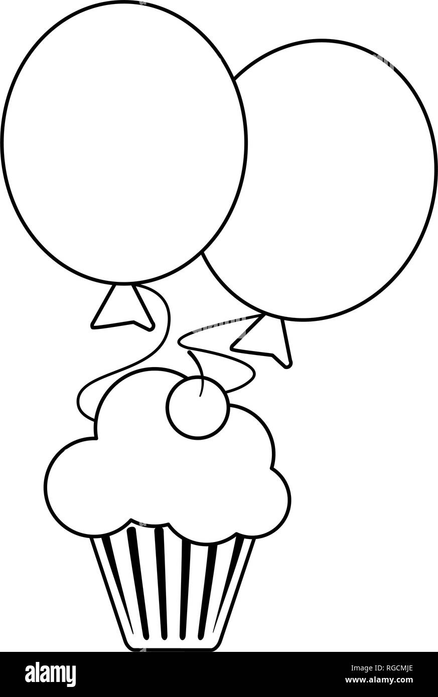 Cupcake Mit Cherry Und Luftballons Schwarz Und Weiss Stock Vektorgrafik Alamy