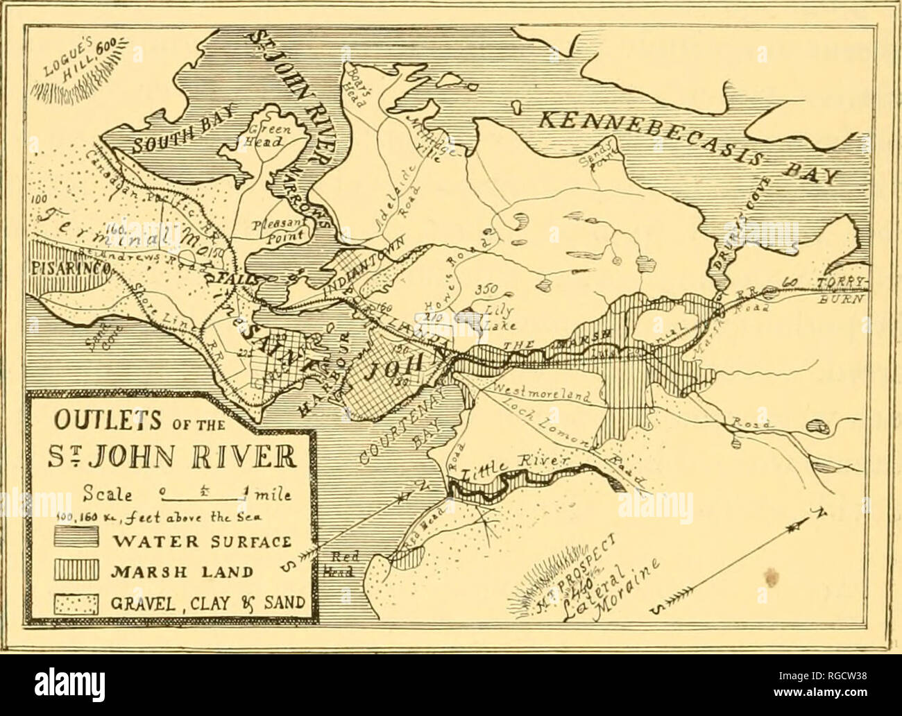 . Bulletin der Natural History Society von New Brunswick. 5 (j BULLETIN DER Natural History Society. Wasser - tiglit die zahlreichen Becken durch die transversale Moränen und Schotter Grate, die in diesen Tälern Bestand gebildet. Auf diese Weise unzählige Seen hergestellt wurden, und es wurde das Geschäft der Flüsse, wie das Land aus dem Meer entstanden, die verschiedenen Seen miteinander zu vereinen, die Barrieren, die Depressionen ablassen zu untergraben und den Fluss wiederherstellen svstems aeain.. Es manchmal passiert, dass diese Kies und Boulder - Ton Barrieren so umfangreich waren und hoch, dass der Fluss war gezwungen, einen neuen zu suchen Stockfoto