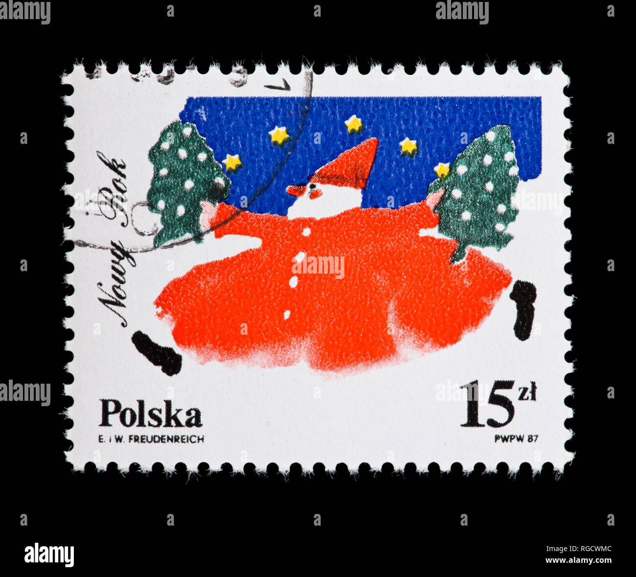 Briefmarke aus Polen, ein Mann in einem roten Anzug, zum Tag des Neuen Jahres ausgestellt Stockfoto