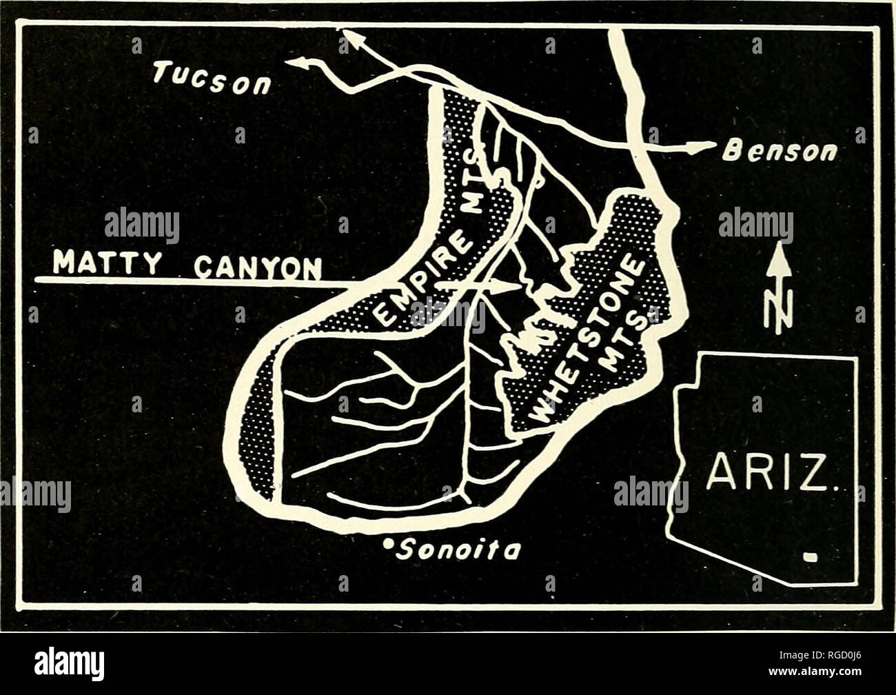 . Bulletin des südlichen Kalifornien Akademie der Wissenschaften. Wissenschaft; Naturgeschichte; Natural History. BtTLLETiN, so. Calif. Akademie der Wissenschaften Bd. 58, Teil 3, 1959. Platte 43 Matty Canyon und Umgebung: 100 km südöstlich von Tucson; moderne Überschwemmungsgebiet am moutli von Matt&gt;^Wash ist 4200 m Höhe; arroyo Kanal ist auf 25 Meter tief und etwa 2 km lang; die schmalen Zunge der Matty Ableitungssystem Cienega Creek ist umrandet von 4200 und 4300 Fuß Konturen; Vegetation ist von Mesquite - grasland Typ im unteren Sonoran leben Zone. Cienega Creek: Wasser von einer dauerhaften Stream nördlicher fließt Stockfoto