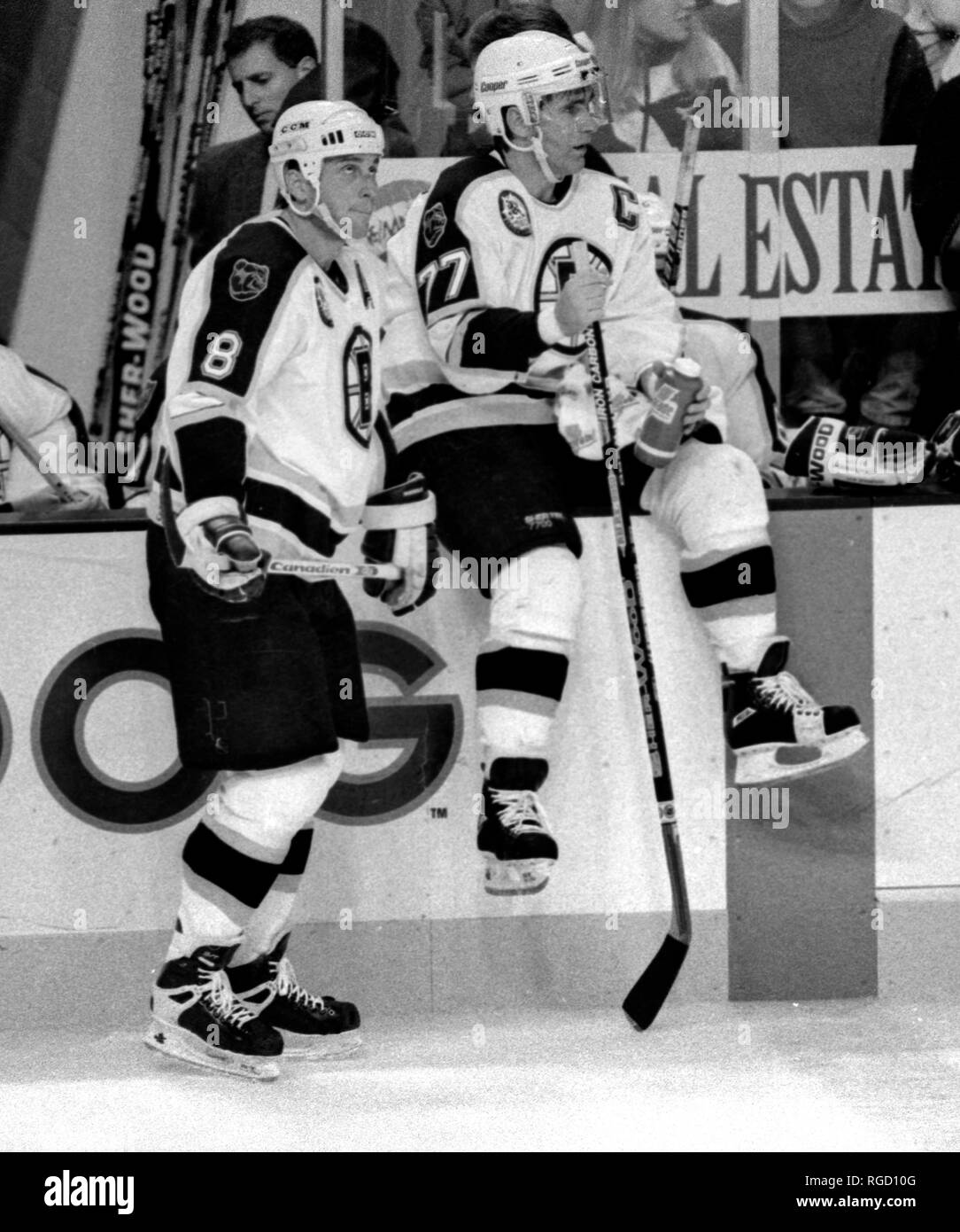 Boston Bruins Cam Neely (links) und Ray Bourque während einer Pause in der Aktion gegen die Detroit Red Wings am Fleet Center in Boston, Ma USA Nov. 2 ,1995 Foto von Bill belknap Stockfoto