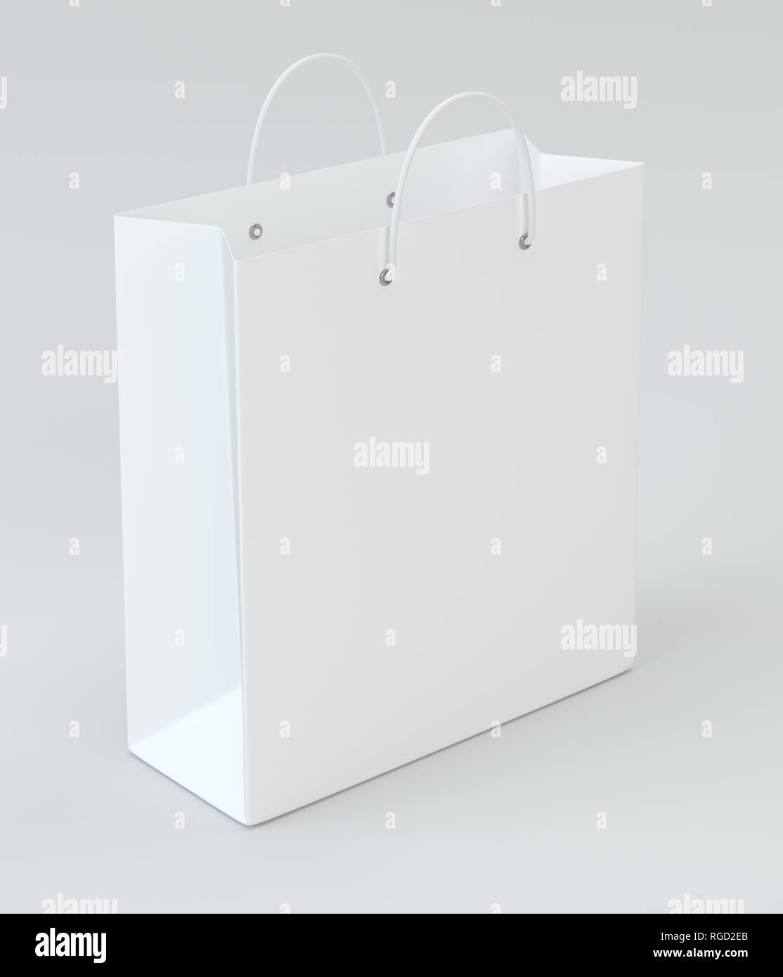 Nahaufnahme von einem weißen Papiertüte auf weißem Hintergrund mit Beschneidungspfad. 3D-Rendering Stockfoto