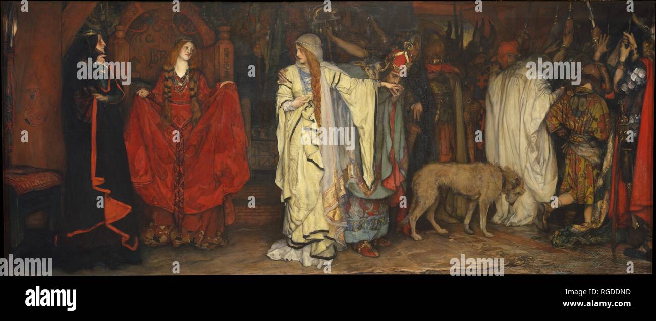 "König Lear", Akt I, Szene I Künstler: Edwin Austin Abbey (Amerikanische, Philadelphia, Pennsylvania 1852-1911 London). Abmessungen: 54 cm x 127 cm. (137,8 x 323,2 cm). Datum: 1898. Cordelia, die Heldin von Shakespeares Tragödie "König Lear", steht im Zentrum der Komposition, der gerade verzichtet, die von ihrem Vater in den Spielen der ersten Szene. König Lear gesehen wird, verlassen an der Rechten, von seinen Begleitern begleitet. Während die sympathische König von Frankreich biegt ihr die Hand zu küssen, Cordelia konfrontiert Sie ältere Schwestern, Regan und Goneril, die ihr Vater von ihr entfremdet haben. Abtei, in Phila geboren Stockfoto