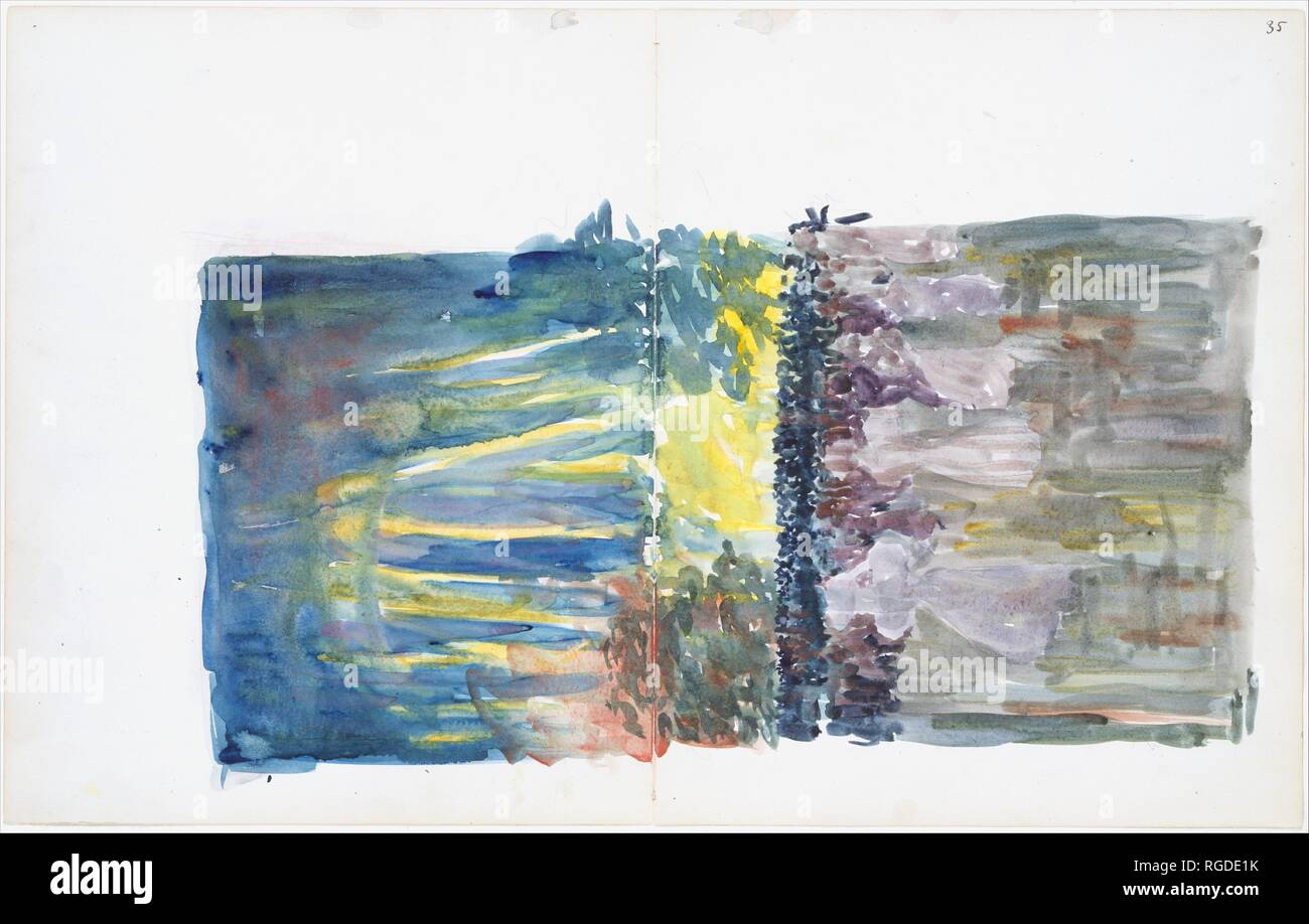 Große Boston Public Garden Skizzenbuch: eine Masse beobachten Feuerwerk. Artist: Maurice Brazil Prendergast (Amerikanische, St. John's, Neufundland 1858-1924 New York). Abmessungen: 14 1/8 x 11 1/4 in. (35,8 x 28,4 cm). Datum: 1895-97. Prendergast verwendet dünne wäscht der Farbe in diesem Bild der Zahlen in einen Park und ein Abendhimmel alle in Brand zu legen. Das Feuerwerk ist wunderbar in vertikale Streifen in räumliche Erzählung behandelt, die sich über eine Seite hinweg ausbreiten. Der Künstler hat sein Blatt in Bereichen von Licht noch mehr Leuchtkraft, ausgelöscht. Museum: Metropolitan Museum of Art, New York, USA. Stockfoto