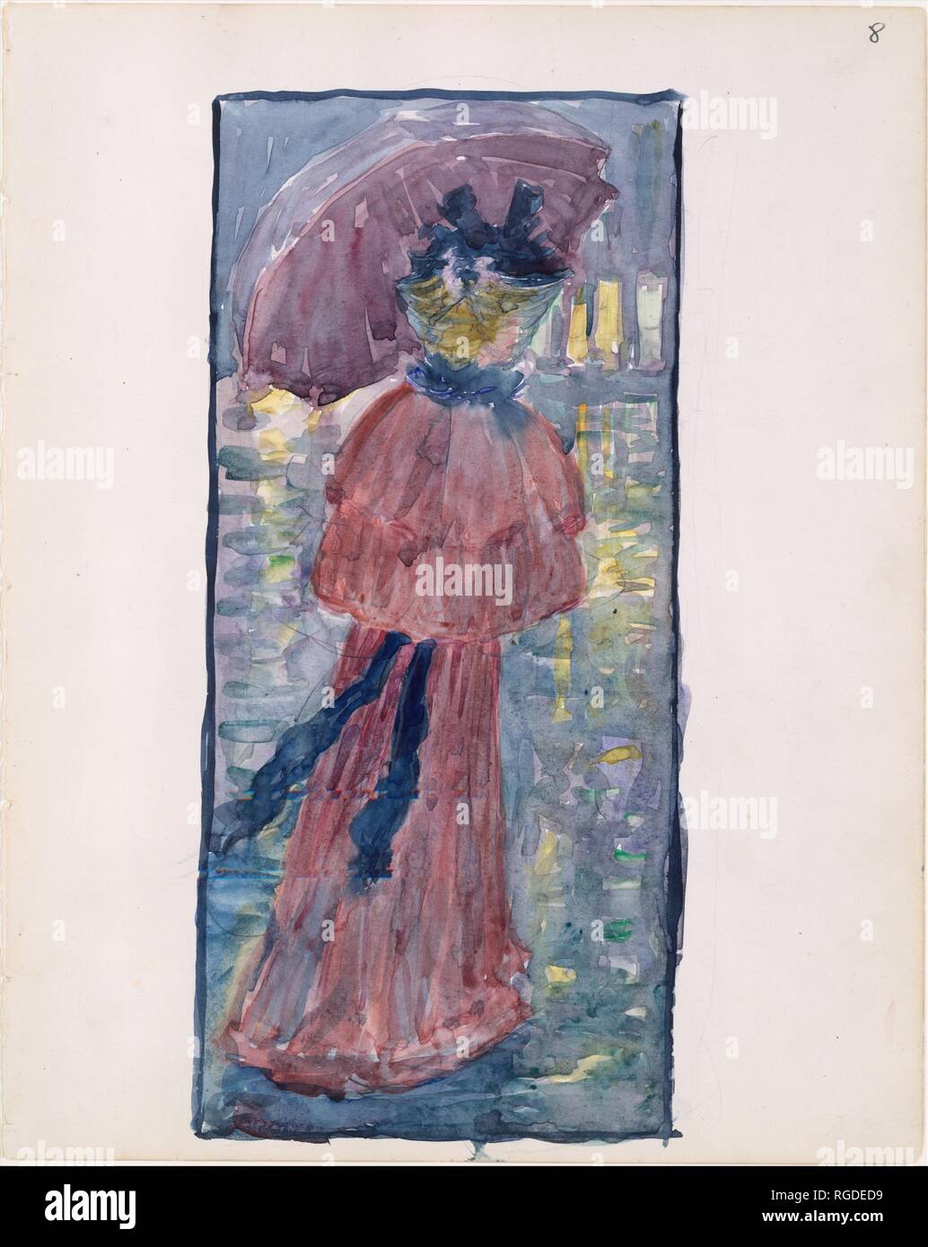 Große Boston Public Garden Skizzenbuch: eine Frau zu Fuß im Regen unter einem Schirm. Artist: Maurice Brazil Prendergast (Amerikanische, St. John's, Neufundland 1858-1924 New York). Abmessungen: 14 1/8 x 11 1/4 in. (35,8 x 28,4 cm). Datum: 1895-97. Mit einer Palette andeutend verdunkelten Himmel und einem regnerischen Atmosphäre, Prendergast hat dieses elegante Fußgängerüberweg Wasser sonnigen Straßen erfasst, deren Oberflächen reflektieren das Licht einer Glühlampe der umliegenden Gebäude. Das Aquarell Medium konnte nicht mehr dem Anlass angemessen sein. Museum: Metropolitan Museum of Art, New York, USA. Stockfoto
